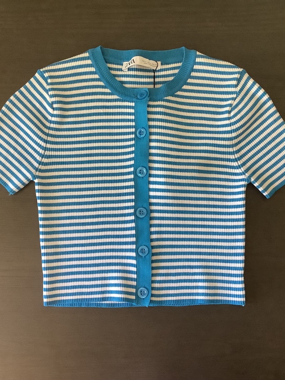 NWT Zara Women’s Striped Button Up Ribbed Crop Top Size Small Blue And White